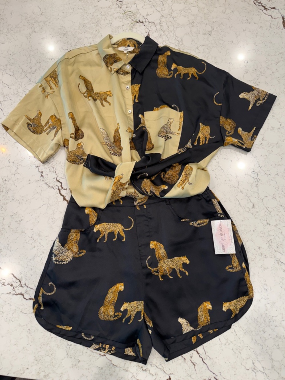Leopard Print Two-Tone Button Shirt & Shorts Set